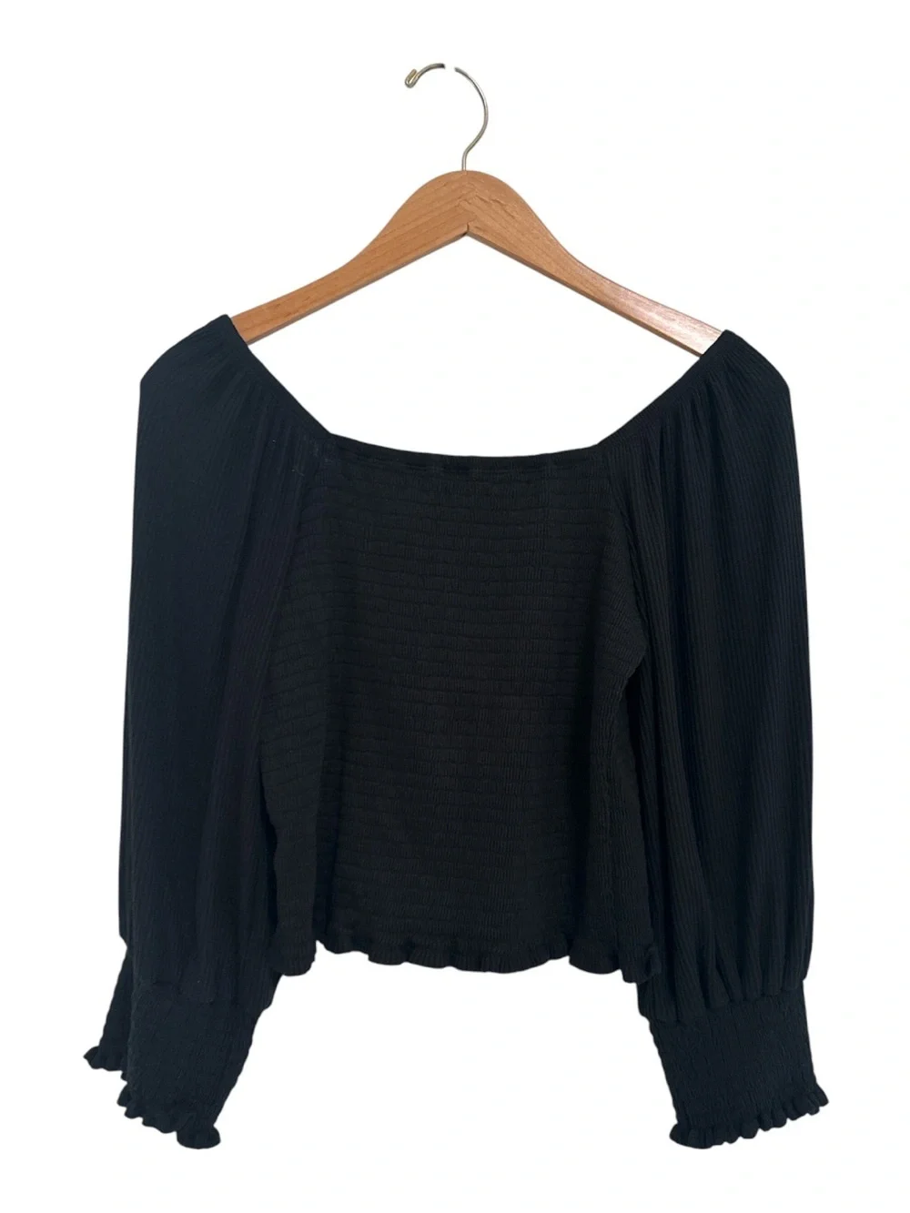 Anthropologie Black Square-Neck Smocked Puff Sleeve Blouse Size
